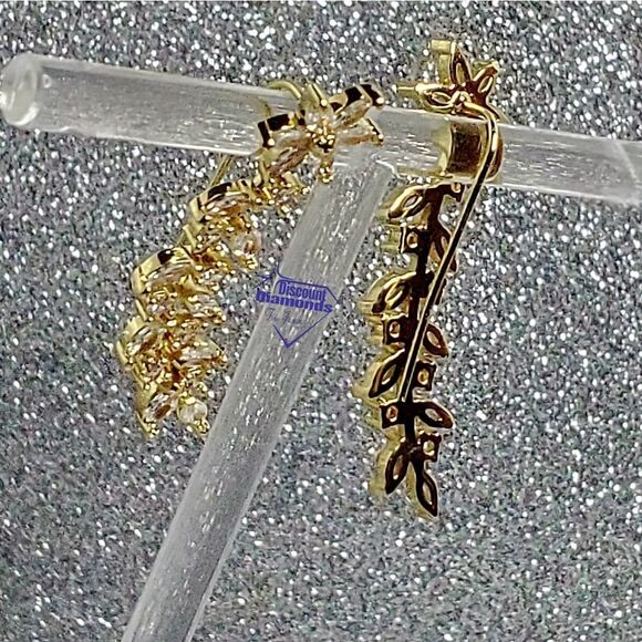 Clear White Diamonds 18K Yellow Gold Ear Climber Earrings  on 925 Silver - Picture 6 of 10
